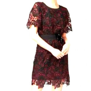 Kobi Lace Dress Black Maroon Tie Belt Lined Size S Cocktail Evening Formal